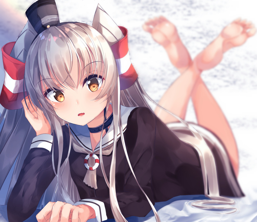 1girl absurdres amatsukaze_(kantai_collection) blush brown_dress brown_eyes dress eyebrows_visible_through_hair hair_between_eyes hair_tubes hat highres kantai_collection lifebuoy long_hair looking_at_viewer lying mini_hat open_mouth sailor_dress school_uniform short_dress silver_hair suisen-21 two_side_up