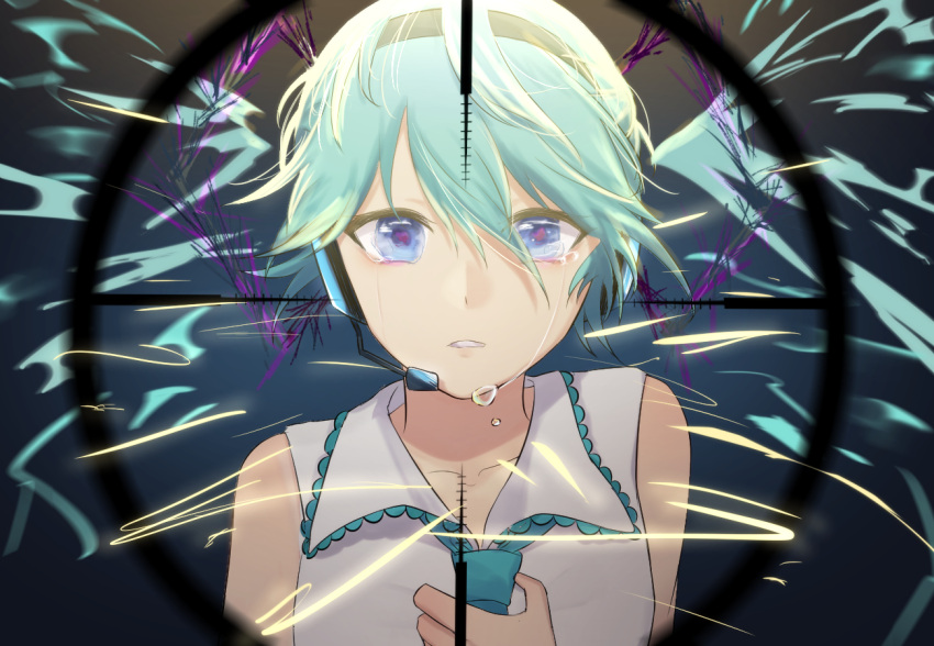 1girl alternate_hair_length alternate_hairstyle black_hairband blue blue_hair blue_neckwear collarbone crying crying_with_eyes_open eyes hair_between_eyes hairband hatsune_miku headphones headset looking_at_viewer lucy_(rusi-juren328) microphone necktie parted_lips shirt short_hair sleeveless sleeveless_shirt solo tears upper_body vocaloid white_shirt