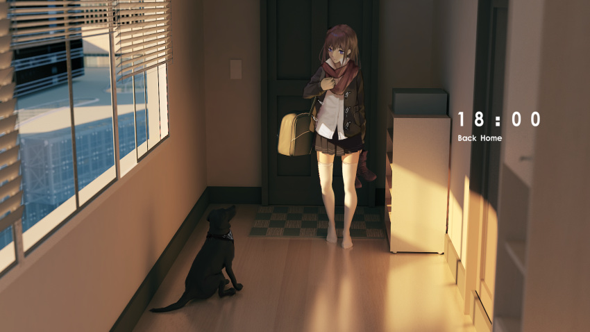1girl arm_at_side arm_up bag bangs black_dog black_jacket black_skirt blinds blue_eyes bookshelf boots brown_footwear brown_hair building closed_mouth commentary dog door english_commentary evening full_body girls_frontline highres holding holding_shoes indoors jacket long_hair long_sleeves looking_at_viewer no_shoes open_clothes open_jacket pleated_skirt popped_collar red_scarf reflection scarf shirt shoes shoulder_bag sign sign_around_neck skirt solo st_ar-15_(girls_frontline) standing sunlight tacshojosora text_focus thigh-highs timestamp white_legwear white_shirt window wing_collar wooden_floor zettai_ryouiki
