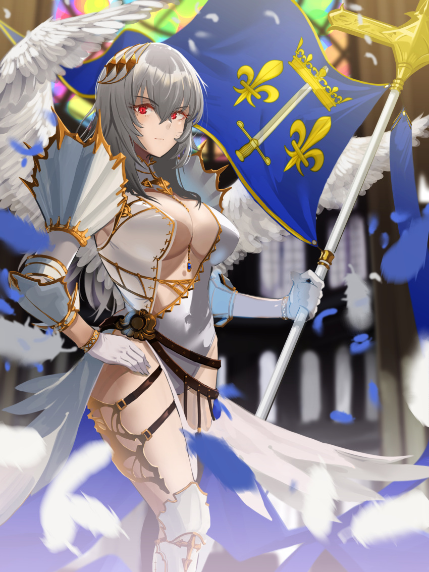 1girl absurdres alternate_costume azur_lane breasts cathedral center_opening feather_dress feathered_wings feathers flag fleur_de_lis from_side gloves gold_trim grey_hair hair_between_eyes highres holding holding_flag knight large_breasts long_hair looking_at_viewer red_eyes saint-louis_(azur_lane) sankyo_(821-scoville) solo standing white_gloves wings