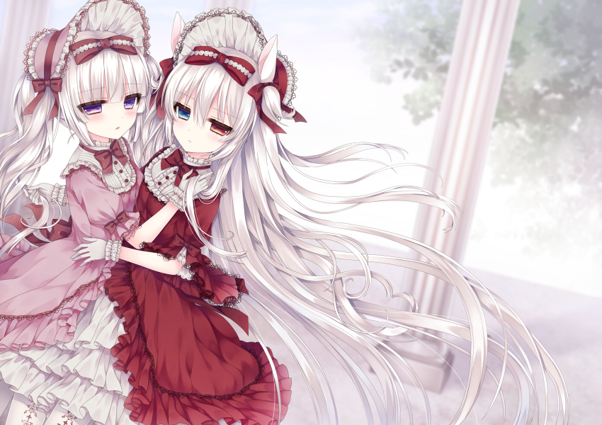 2girls absurdres alice_claudia animal_ears bow dress frilled_dress frills gloves hair_bow hair_ribbon hairband heterochromia highres hug lolita_fashion lolita_hairband multiple_girls original ribbon rolo_noir silver_hair tsukikage_nemu two_side_up violet_eyes white_gloves