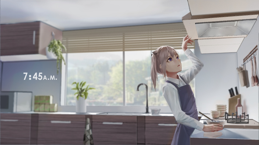 1girl blinds blue_eyes commentary cross_hair_ornament day english_commentary girls_frontline hair_ornament highres indoors kitchen_knife long_hair long_sleeves morning pink_hair plant potted_plant reaching shirt solo spatula st_ar-15_(girls_frontline) sunlight tacshojosora text_focus white_shirt wing_collar