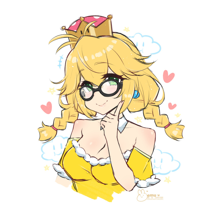 1girl artist_name bare_shoulders black-framed_eyewear blonde_hair blue_earrings braid breasts cleavage clouds emu_(confisery) eyebrows_visible_through_hair glasses green_eyes hair_between_eyes hand_up heart highres lakitu long_hair super_mario_bros. medium_breasts new_super_mario_bros._u_deluxe nintendo personification shirt smile solo super_crown twin_braids upper_body white_background yellow_shirt