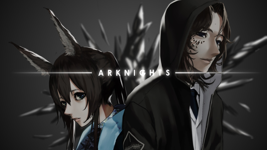 1boy 1girl amiya_(arknights) animal_ears arknights bangs black_background black_hair black_jacket blue_eyes blue_neckwear character_request commentary_request copyright_name gradient gradient_background hair_between_eyes highres hood hooded_jacket jacket lips long_hair looking_at_viewer mole mole_on_neck necktie open_mouth oripathy_lesion_(arknights) parted_lips shirt smile tacshojosora white_shirt