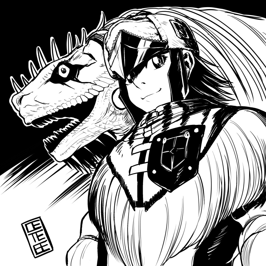 1girl absurdres armor breasts cete_(controllingtime) great_jagras greyscale highres horns long_hair looking_at_viewer monochrome monster_hunter monster_hunter:_world open_mouth smile solo weapon