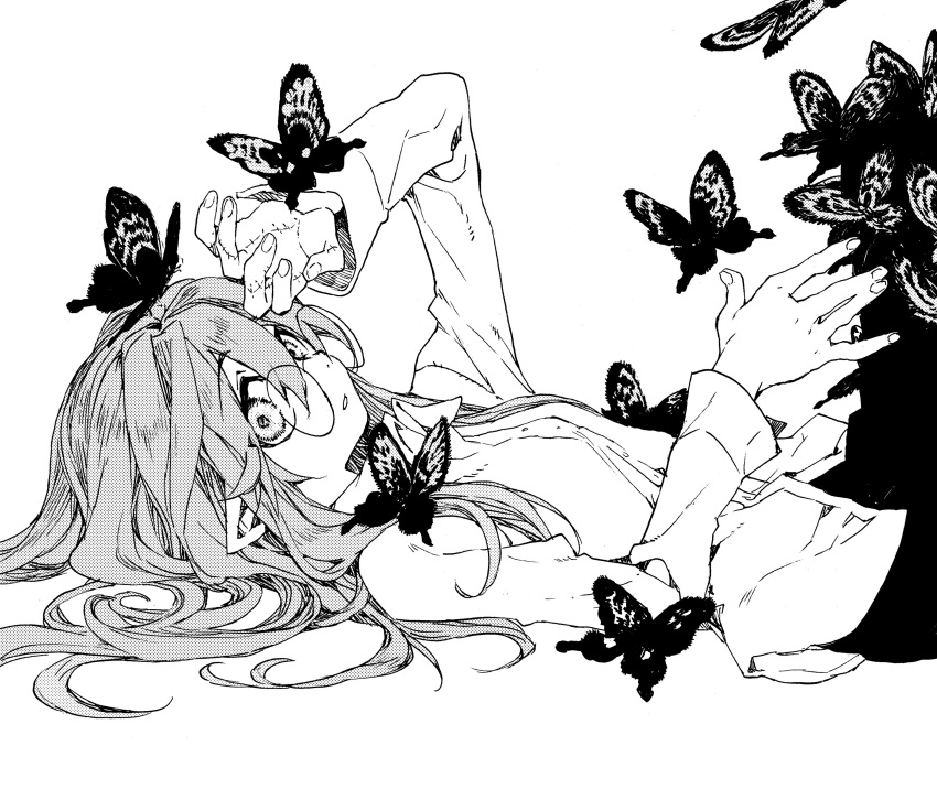 1girl absurdres bangs bug butterfly commentary_request greyscale highres hitsugi_katsugi_no_kuro insect kiyuzuki_satoko kuro_(hitsugi_katsugi_no_kuro) long_hair long_sleeves looking_at_viewer lying monochrome official_art on_back pointy_ears round_eyewear shirt solo stitches white_background