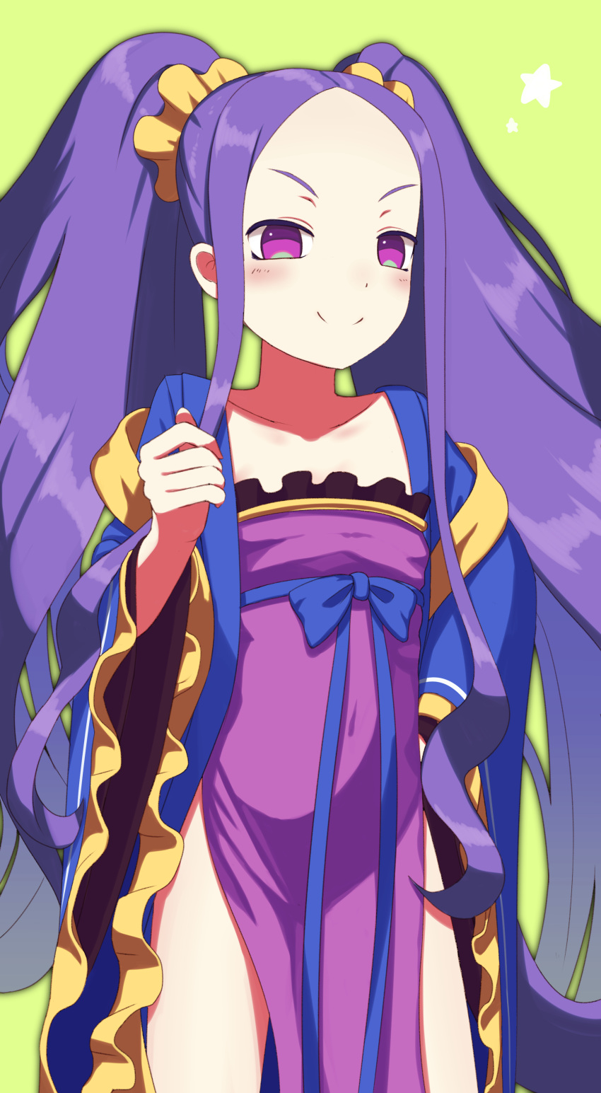 1girl absurdres bangs blue_bow blush bow chinese_clothes closed_mouth collarbone commentary_request dress fate/grand_order fate_(series) forehead frilled_dress frills green_background hair_ornament hair_scrunchie hand_up hanfu highres long_hair looking_at_viewer parted_bangs purple_dress purple_hair sanbe_futoshi scrunchie sidelocks simple_background smile solo standing strapless strapless_dress v-shaped_eyebrows very_long_hair violet_eyes wu_zetian_(fate/grand_order) yellow_scrunchie