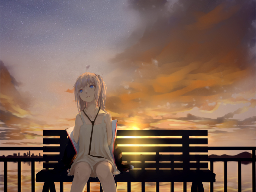 1girl absurdres bench black_jacket black_neckwear blue_sky cityscape clouds commentary_request dress evening girls_frontline highres jacket long_hair looking_afar looking_up no_pupils on_bench open_clothes open_jacket orange_sky outdoors pink_hair railing sitting sky solo st_ar-15_(girls_frontline) sun sunlight sunset tacshojosora yellow_dress