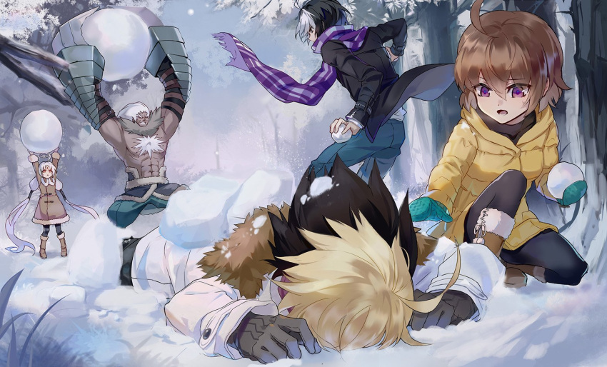 2girls 3boys absurdly_long_hair ahoge black_hair blonde_hair boots brown_hair chest_hair coat dark_skin dark_skinned_male forehead_jewel fur_trim gauntlets hyde_(under_night_in-birth) linne long_hair low_twintails lying mittens multicolored_hair multiple_boys multiple_girls on_stomach plaid plaid_scarf qitoli red_eyes scarf seth_(under_night_in-birth) shirtless short_hair snow snowball snowball_fight twintails two-tone_hair under_night_in-birth vatista very_long_hair violet_eyes waldstein white_hair winter_clothes winter_coat