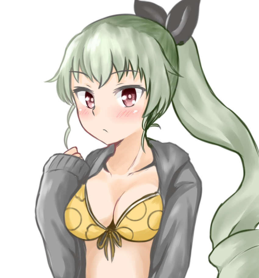 1girl alternate_hairstyle anchovy bangs bikini black_ribbon boxreeema breasts cardigan closed_mouth drill_hair eyebrows_visible_through_hair front-tie_bikini front-tie_top frown girls_und_panzer green_hair grey_sweater hair_ribbon light_blush long_hair long_sleeves looking_at_viewer medium_breasts open_cardigan open_clothes ponytail red_eyes ribbon simple_background single_drill solo sweater swimsuit upper_body white_background yellow_bikini