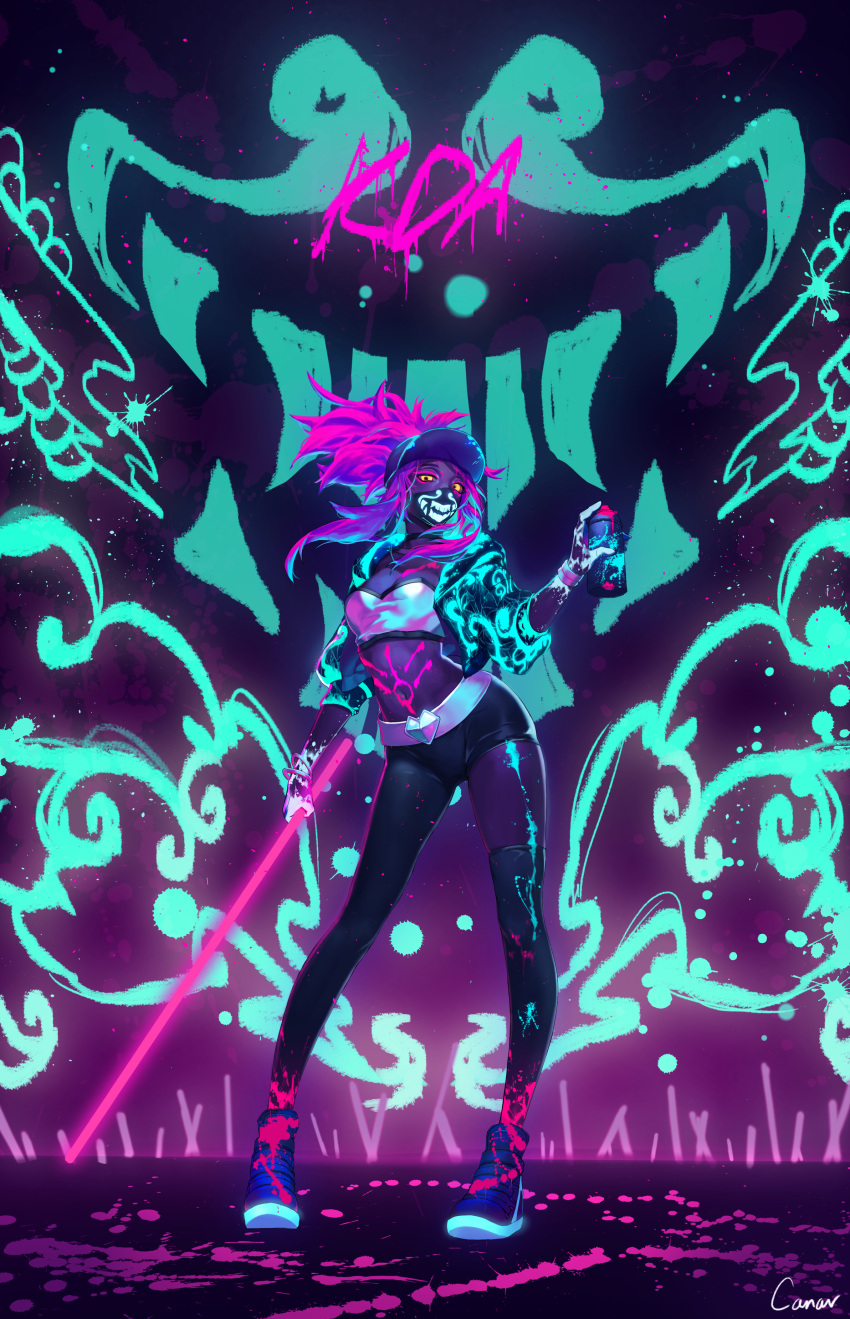 1girl absurdres akali artist_name baseball_cap belt bottle bracelet breasts canar choker cleavage eyeliner full_body glowing glowing_eyes hat highres holding hood hooded_jacket jacket jewelry k/da_(league_of_legends) k/da_akali league_of_legends long_hair looking_at_viewer makeup mask midriff navel neon_lights purple_hair shoes sneakers solo spray_bottle spray_paint thigh-highs yellow_eyes