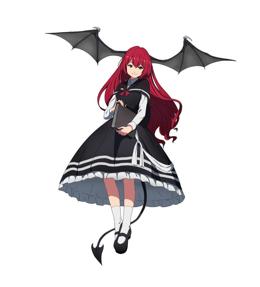 1girl absurdres bad_id bad_twitter_id black_capelet black_dress black_footwear black_wings book capelet demon_girl demon_tail dress floating_hair full_body head_wings highres holding holding_book koakuma large_wings long_hair long_sleeves mary_janes petticoat redhead shirt shishi_osamu shoes simple_background smile socks solo tail touhou white_background white_legwear white_shirt wings yellow_eyes