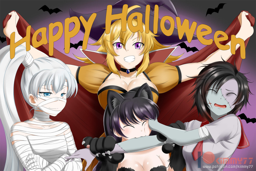 4girls alfred_cullado animal_ears bat biting blake_belladonna breasts cape cat_ears cat_girl choker cleavage closed_mouth facial_scar grin halloween highres multiple_girls mummy_costume ruby_rose rwby scar scar_across_eye scar_on_cheek school_uniform serafuku siblings sisters smile stitches weiss_schnee witch yang_xiao_long zombie