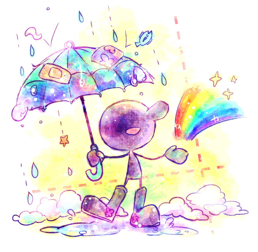 1boy :d bandaid blue_umbrella boots fish full_body game_&amp;_watch highres male_focus mr._game_&amp;_watch nintendo open_mouth puddle rain rainbow rubber_boots shiwasuda_kuuu smile solo standing star super_smash_bros. umbrella water_drop