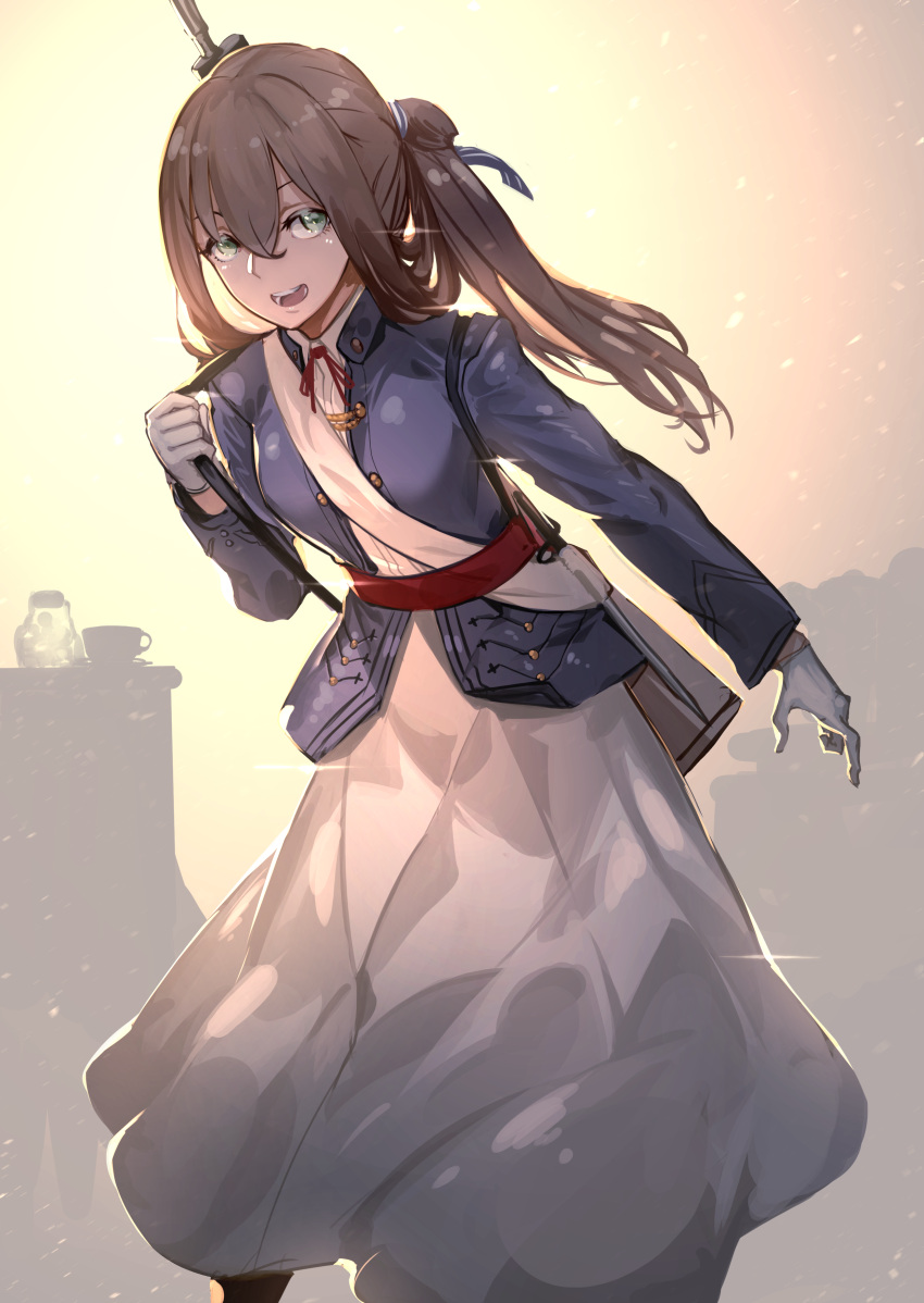 1girl :d absurdres bangs blue_jacket blue_ribbon blush breasts brown_hair collared_shirt commentary_request cup dagger dress fixro2n girls_frontline gloves green_eyes hair_between_eyes hair_ribbon hand_up highres jacket leaning_forward long_hair long_sleeves m1903_springfield_(girls_frontline) neck_ribbon open_mouth red_ribbon ribbon round_teeth shirt sidelocks small_breasts smile solo striped striped_ribbon teacup teeth upper_teeth weapon white_dress white_gloves