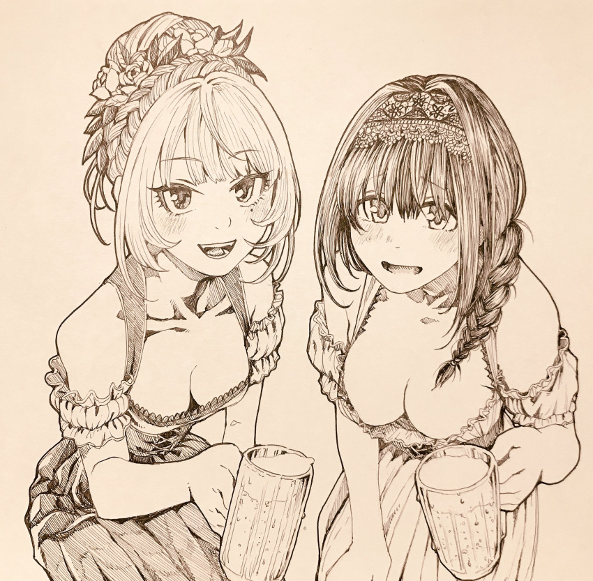 2girls :d alternate_costume alternate_hairstyle bangs bare_shoulders beer_mug blush braid breasts cleavage commentary_request corset cup dirndl downblouse eyebrows_visible_through_hair fangs flower german_clothes haiokumantan_c hair_bun hair_flower hair_intakes hair_ornament hair_up hairband highres holding holding_cup idolmaster idolmaster_cinderella_girls large_breasts leaning_forward long_hair long_skirt multiple_girls open_mouth sagisawa_fumika sepia skirt smile takagaki_kaede traditional_media white_background
