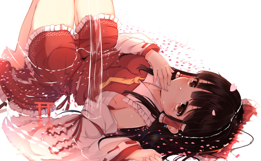 1girl armpits barefoot blush bow brown_eyes brown_hair hair_bow hakurei_reimu hand_to_own_mouth long_hair looking_at_viewer lying on_back open_mouth petals red_bow simple_background solo syangurira7 thighs touhou white_background yellow_neckwear