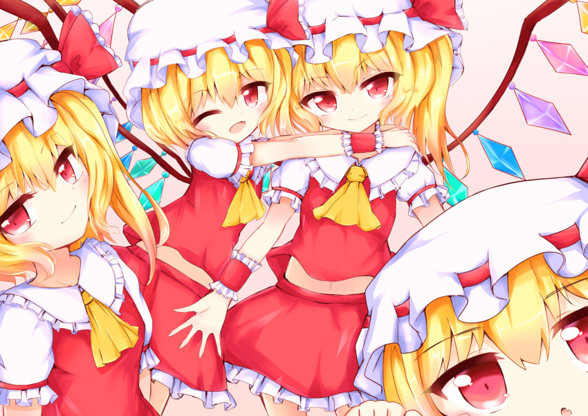 4girls :o arms_around_neck blonde_hair cravat eyebrows_visible_through_hair fang flandre_scarlet four_of_a_kind_(touhou) hair_between_eyes hands_on_another's_shoulders hat hat_ribbon head_tilt looking_at_viewer midriff mob_cap multiple_girls navel one_eye_closed open_mouth pink_background puffy_short_sleeves puffy_sleeves red_eyes red_skirt red_vest ribbon short_hair short_sleeves side_ponytail simple_background skirt skirt_set smile suiton_(000suiton) touhou vest wings wrist_cuffs yellow_neckwear