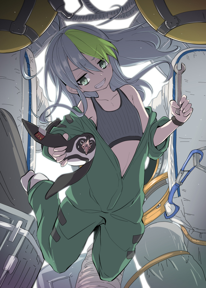 1girl bare_shoulders bird commentary_request crop_top flat_chest green_eyes green_hair grey_hair grin hair_between_eyes highres international_space_station jumpsuit long_hair midriff miyao_ryuu multicolored_hair original penguin smile tank_top two-tone_hair wrench wristband zero_gravity