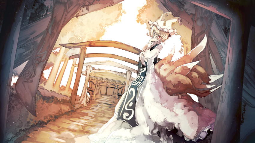 1girl animal_ears blonde_hair dress fox_ears fox_tail frills hat highres kitsune mob_cap multiple_tails pillow_hat tabard tail touhou white_dress wide_sleeves yakumo_ran yellow_eyes yoshioka_yoshiko