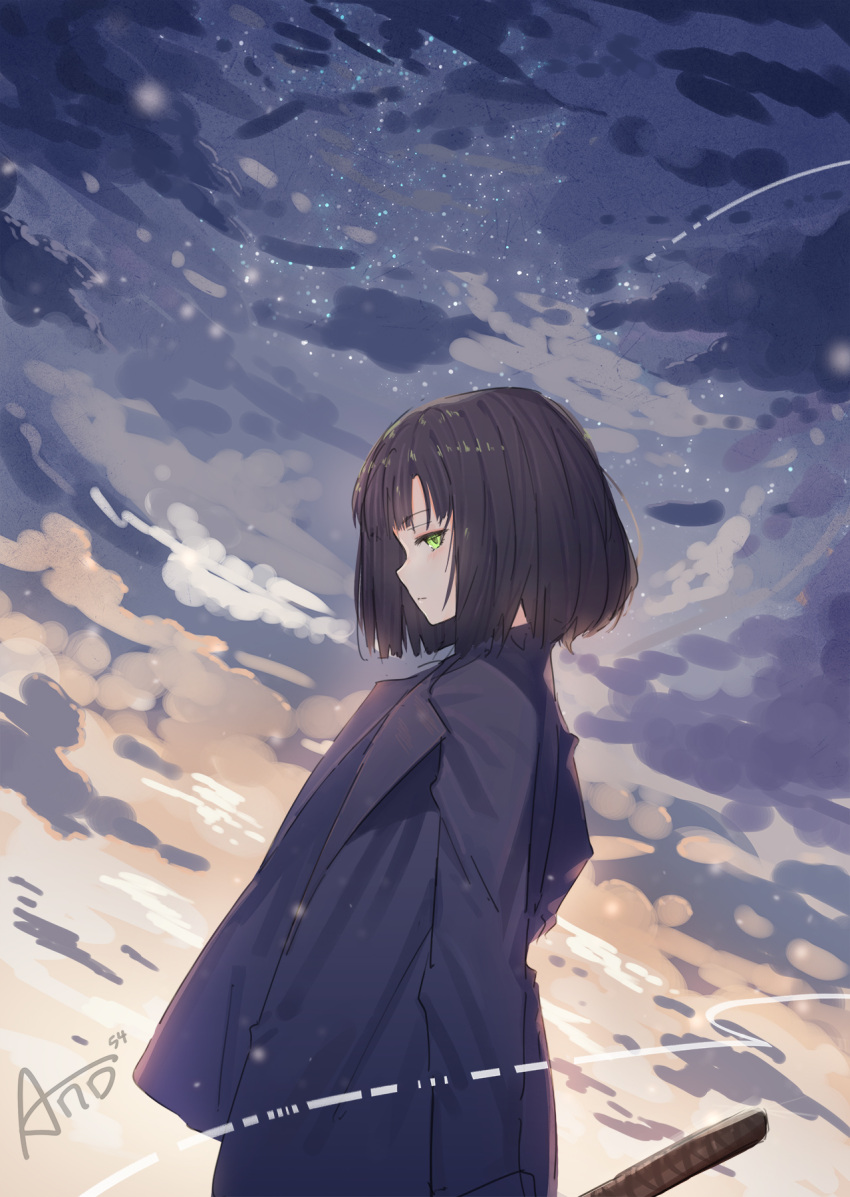 1girl ano54 arms_at_sides bangs blue_jacket blush bob_cut brown_hair closed_mouth clouds cloudy_sky dutch_angle eyebrows_visible_through_hair green_eyes highres jacket long_sleeves looking_at_viewer looking_to_the_side original outdoors profile short_hair signature sky solo star_(sky) starry_sky upper_body