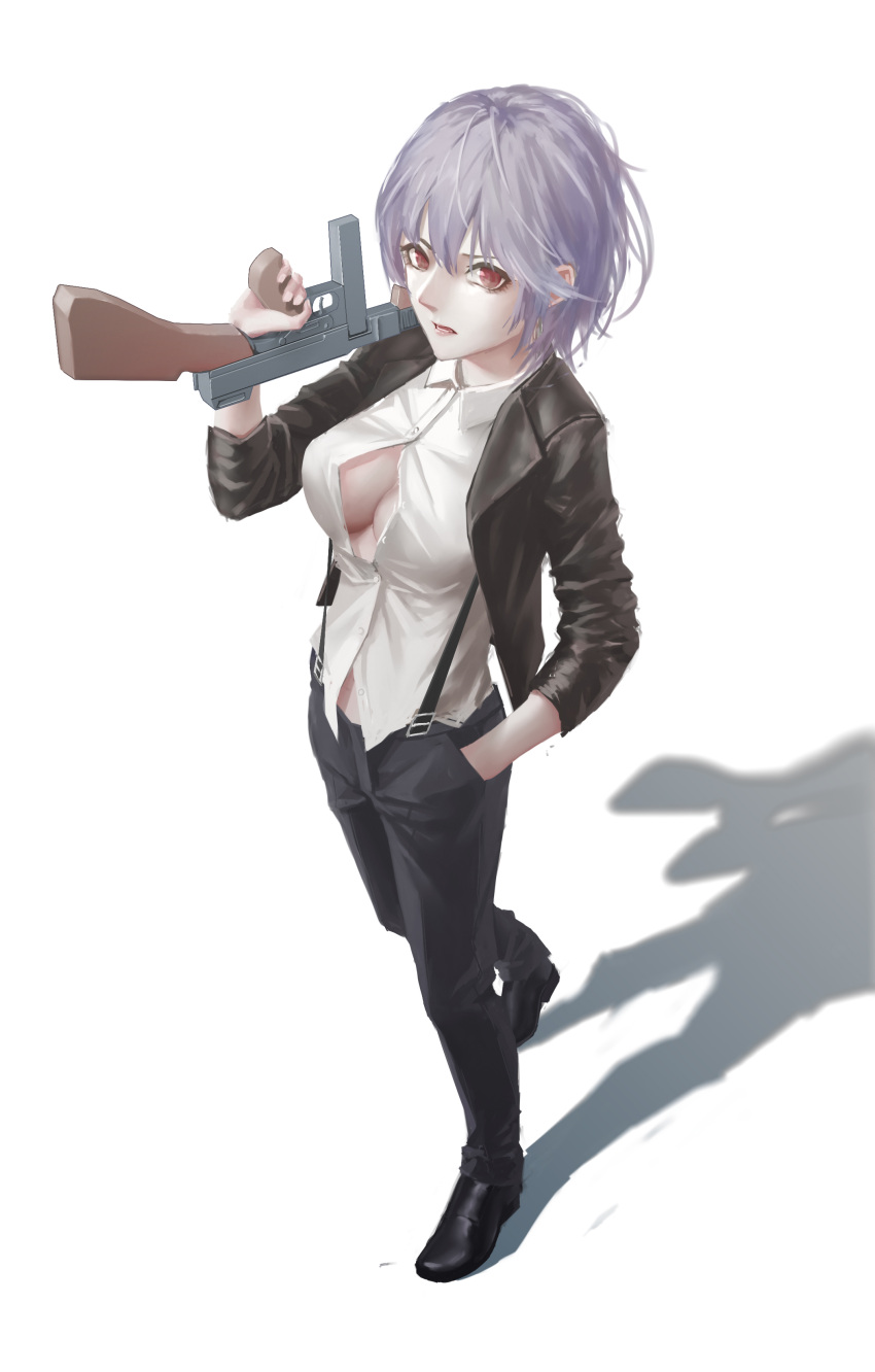 1girl absurdres bangs black_footwear black_jacket black_pants blue_hair breasts character_request cleavage collared_shirt commentary_request girls_frontline gun hair_between_eyes hand_in_pocket highres holding holding_gun holding_weapon jacket medium_breasts open_clothes open_jacket open_mouth pants parted_lips red_eyes shirt short_hair simple_background solo stomach suspenders tacshojosora weapon white_background white_shirt