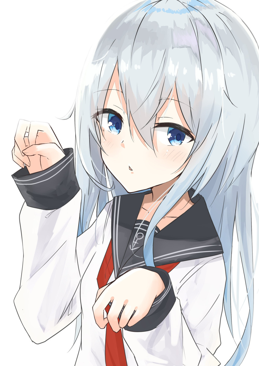 1girl absurdres anchor_print black_sailor_collar blue_eyes collarbone evening_rabbit eyebrows_visible_through_hair hair_between_eyes hibiki_(kantai_collection) highres kantai_collection long_hair long_sleeves looking_at_viewer neckerchief parted_lips red_neckwear sailor_collar shiny shiny_hair shirt silver_hair simple_background solo white_background white_shirt