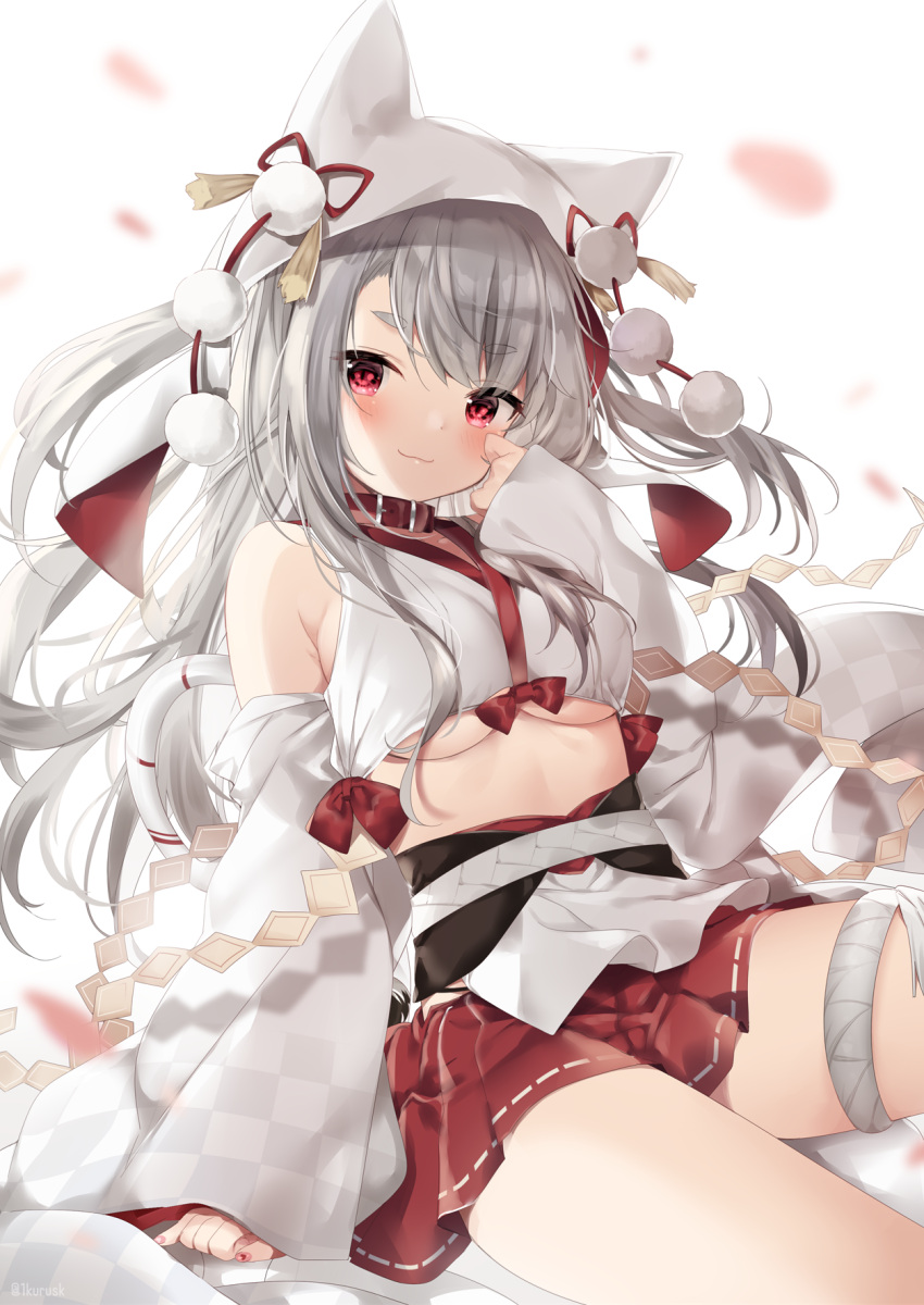 1girl animal_ears animal_hood azur_lane bangs bare_shoulders blurry blurry_background blush bow breasts checkered closed_mouth collarbone commentary_request crop_top detached_sleeves eyebrows_visible_through_hair fingernails grey_hair hand_up head_tilt heart highres hood long_hair long_sleeves mafuyu_(chibi21) medium_breasts nail_polish petals pink_nails pleated_skirt red_bow red_collar red_skirt ribbon-trimmed_skirt ribbon_trim short_eyebrows sitting skirt sleeveless sleeves_past_wrists smile solo thick_eyebrows under_boob very_long_hair white_background yuudachi_(azur_lane)