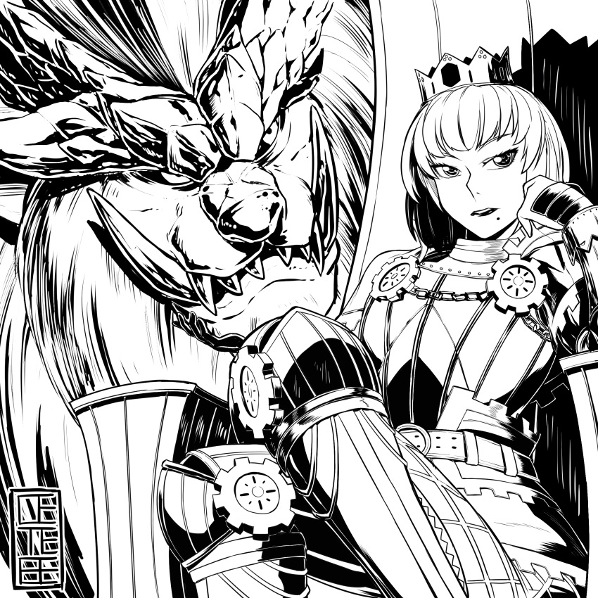 1girl absurdres armor cete_(controllingtime) crown greyscale highres looking_at_viewer mole mole_under_mouth monochrome monster_hunter monster_hunter:_world seiza sitting solo teostra teostra_(armor)