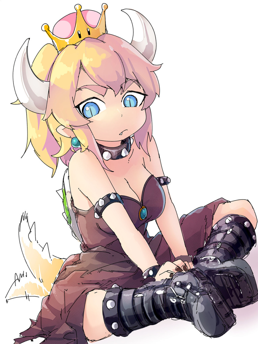 1girl bare_shoulders black_collar black_dress black_footwear black_nails blonde_hair blue_earrings blue_eyes boots bowsette bracelet breasts cleavage collar dress fang full_body highres horns jewelry long_hair looking_at_viewer magenta_(atyana) super_mario_bros. medium_breasts nail_polish new_super_mario_bros._u_deluxe nintendo ponytail simple_background sitting slit_pupils solo spiked_armlet spiked_bracelet spiked_collar spiked_shell spiked_tail spikes strapless strapless_dress super_crown tail tail_wagging turtle_shell white_background