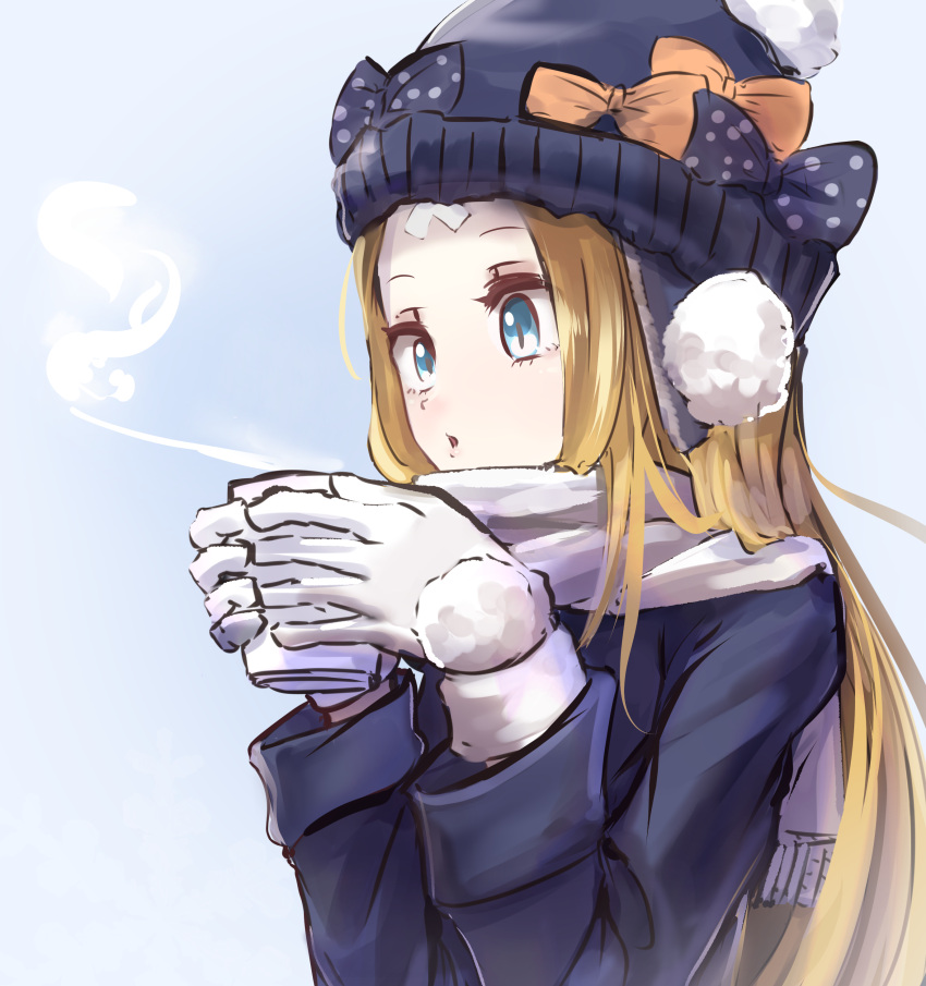 1girl abigail_williams_(fate/grand_order) absurdres bandaid_on_forehead bangs beanie black_bow black_hat black_jacket blonde_hair blue_eyes bow crossed_bandaids cup earmuffs fate/grand_order fate_(series) forehead gloves hat highres jacket long_hair long_sleeves nakasaku-p orange_bow parted_bangs polka_dot polka_dot_bow scarf solo steam white_gloves white_scarf