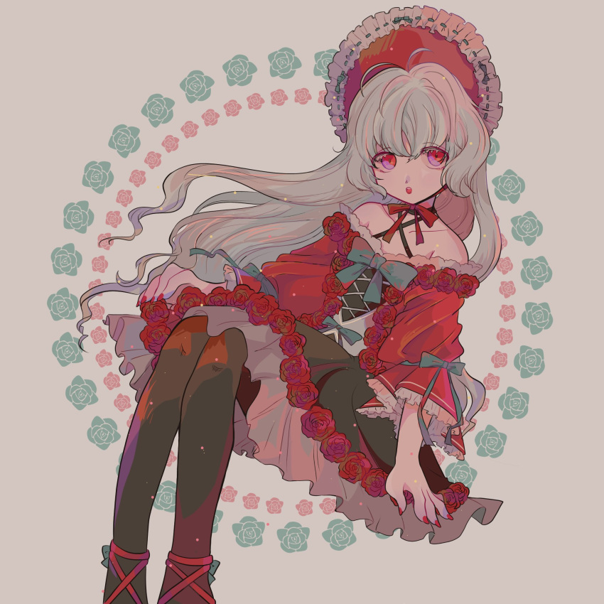 1girl aqua_flower bangs black_legwear bonnet character_request collarbone commentary_request copyright_request dress flat_chest flower frills hat hat_ribbon highres invisible_chair long_sleeves mameeekueya nail_polish open_mouth red_flower red_hat red_nails ribbon rose sitting solo