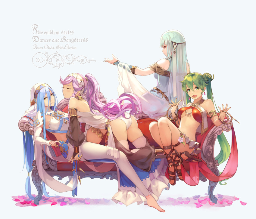 4girls anklet aqua_(fire_emblem_if) arabian_clothes armlet ass asymmetrical_docking bare_shoulders blue_hair blush braid breast_press breasts character_name circlet couch dancer dress elbow_gloves fingerless_gloves fire_emblem fire_emblem:_kakusei fire_emblem:_rekka_no_ken fire_emblem:_seisen_no_keifu fire_emblem_heroes fire_emblem_if gloves green_hair hair_ornament hairband harem_outfit jewelry kurosawa_tetsu long_hair looking_at_viewer mamkute midriff multiple_girls navel necklace ninian nintendo olivia_(fire_emblem) open_mouth panties pink_eyes pink_hair ponytail red_eyes silver_hair simple_background single_thighhigh smile sylvia_(fire_emblem) thigh-highs twin_braids twintails underwear veil very_long_hair white_legwear yellow_eyes