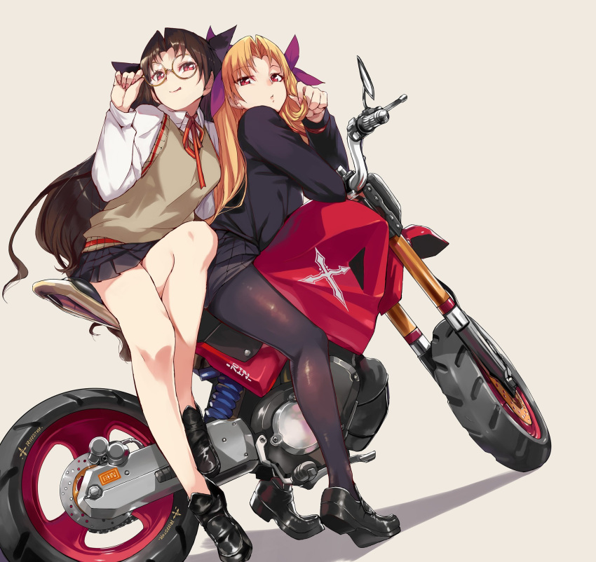 adjusting_eyewear alternate_costume black_footwear black_hair black_legwear black_skirt blonde_hair commentary commentary_request ereshkigal_(fate/grand_order) fate/grand_order fate_(series) glasses ground_vehicle hair_ribbon highres ishtar_(fate/grand_order) long_hair long_legs motor_vehicle motorcycle ohland pantyhose purple_ribbon red_eyes ribbon school_uniform shiny shiny_clothes skirt sweater_vest twintails