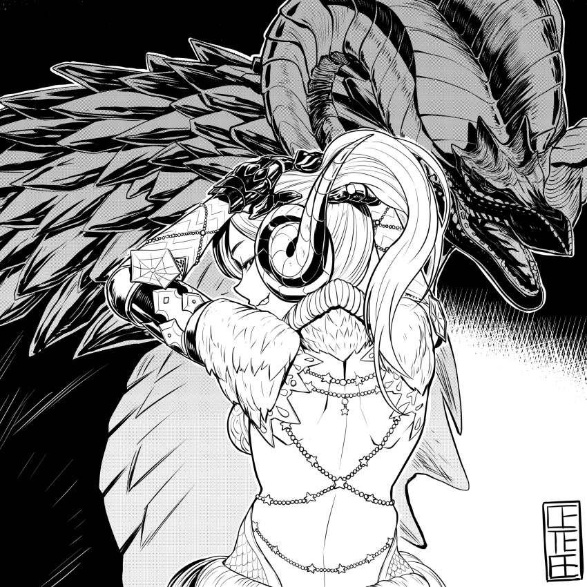 1girl absurdres adjusting_hair armor backless_dress backless_outfit cete_(controllingtime) dress greyscale hand_in_hair hands_up highres horns kulve_taroth kulve_taroth_(armor) looking_at_viewer monochrome monster_hunter monster_hunter:_world solo tongue tongue_out tying_hair