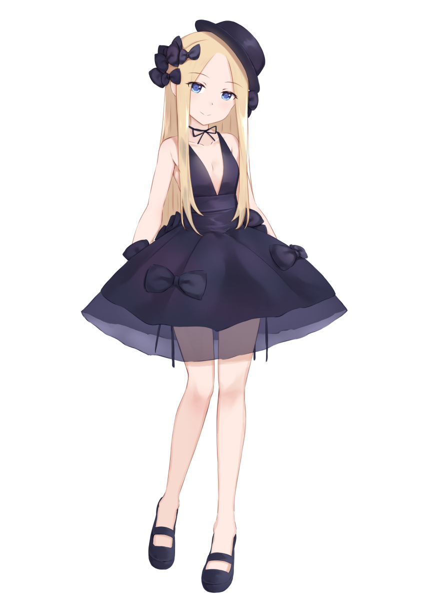 1girl abigail_williams_(fate/grand_order) bangs bare_shoulders black_bow black_dress black_footwear black_hat black_ribbon blue_eyes blush bow breasts closed_mouth collarbone commentary_request dress eyebrows_visible_through_hair fate/grand_order fate_(series) forehead hair_bow hat head_tilt highres jilu neck_ribbon parted_bangs ribbon see-through shoes short_dress simple_background sleeveless sleeveless_dress small_breasts smile solo tilted_headwear white_background