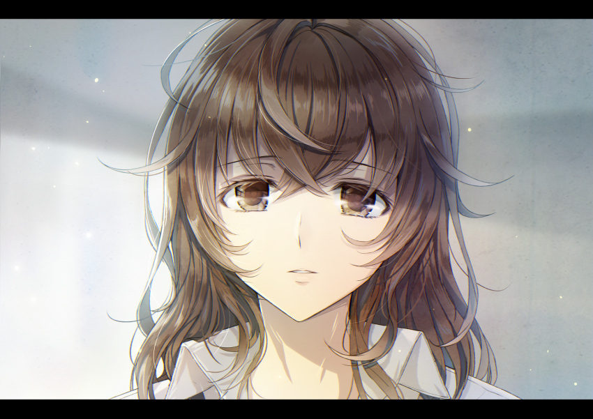 1girl bangs blush brown_eyes brown_hair collared_shirt commentary_request eyebrows_visible_through_hair hair_between_eyes head_tilt highres letterboxed long_hair looking_at_viewer messy_hair mono_lith original parted_lips portrait shirt sidelocks solo white_shirt