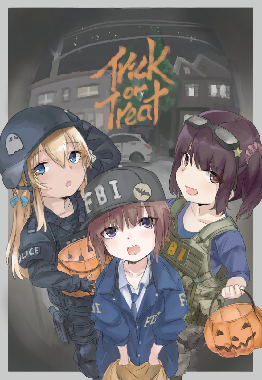 3girls absurdres baseball_cap car commentary_request eyewear_on_head fbi fingerless_gloves glasses gloves ground_vehicle gun halloween handgun hat helmet highres holstered_weapon jack-o'-lantern jacket motor_vehicle multiple_girls necktie original plasmauniverse police police_uniform pumpkin swat tactical_clothes uniform weapon