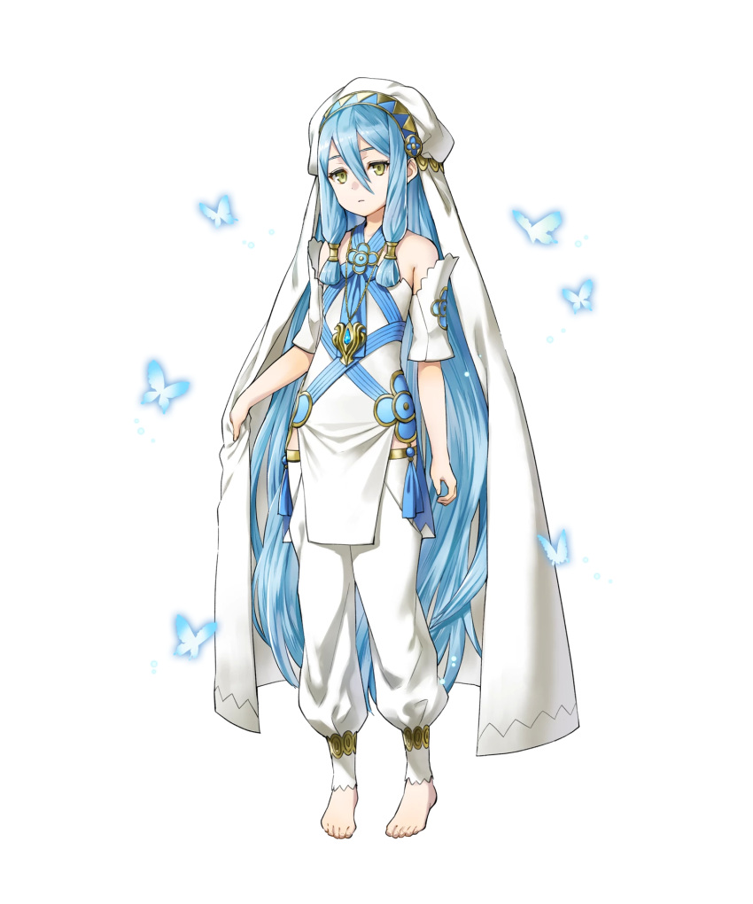 1girl aqua_(fire_emblem_if) blue_hair elbow_gloves fingerless_gloves fire_emblem fire_emblem_heroes fire_emblem_if full_body gloves highres kaya8 long_hair looking_at_viewer nintendo official_art pants simple_background solo veil yellow_eyes younger