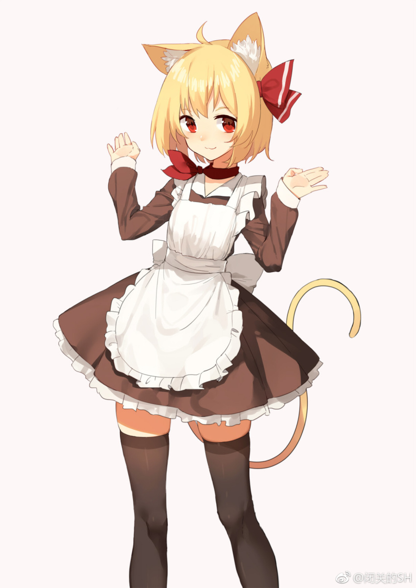 1girl :3 ahoge animal_ears apron black_legwear black_skirt blonde_hair cat_ears cat_tail closed_mouth hair_ribbon hands_up highres kemonomimi_mode long_sleeves looking_at_viewer maid_apron miniskirt red_eyes red_neckwear red_ribbon ribbon rumia scarf sh_(562835932) short_hair simple_background skirt solo standing tail thigh-highs touhou weibo_logo zettai_ryouiki