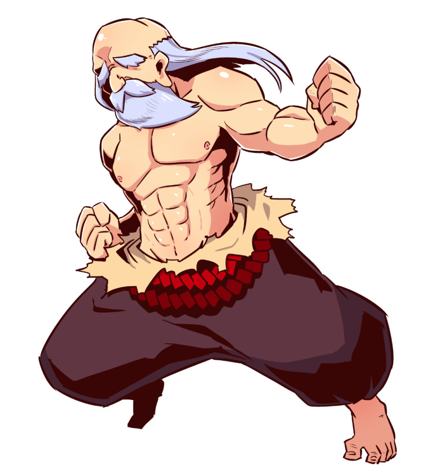 1boy abs bald barefoot beard black_pants character_request clenched_hands facial_hair hand_up highres long_hair male_focus muscle mustache naga_u navel old_man pants puffy_pants sekaiju_no_meikyuu shirtless silver_hair simple_background solo toenails white_background