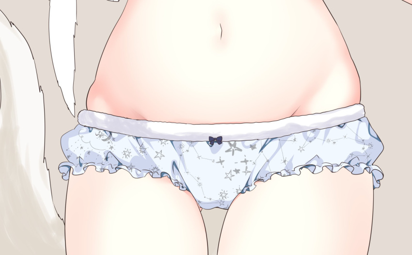 1girl bow bow_panties close-up commentary_request ferret_tail frilled_panties frills fur-trimmed_panties fur_trim gluteal_fold groin head_out_of_frame highres navel neki_(wakiko) original panties print_panties solo star star_print stomach tail_raised thigh_gap underwear white_panties