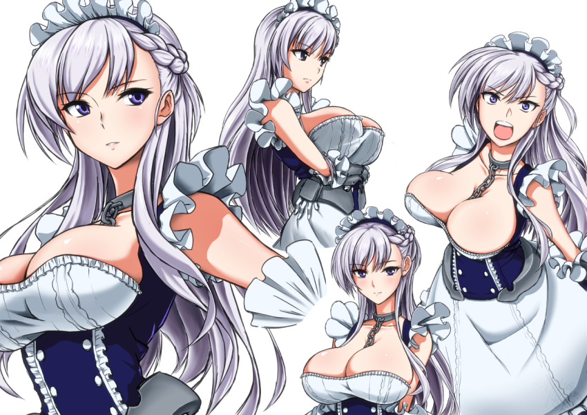 1girl apron arm_guards arms_under_breasts azur_lane bangs belfast_(azur_lane) blue_eyes blush braid breasts chains cleavage closed_mouth collar collarbone corset dress eyebrows_visible_through_hair french_braid frilled_sleeves frills gloves koutarou_(plusdrive) large_breasts long_hair looking_at_viewer maid maid_headdress multiple_views open_mouth parted_lips sidelocks silver_hair simple_background smile white_background white_gloves