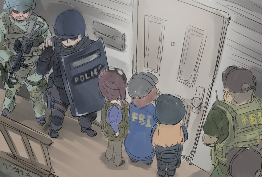 3girls 4boys assault_rifle baseball_cap door eyewear_on_head fbi fingerless_gloves glasses gloves gun halloween handgun hat helmet highres holstered_weapon jacket multiple_boys multiple_girls original plasmauniverse rifle riot_shield swat tactical_clothes walkie-talkie weapon