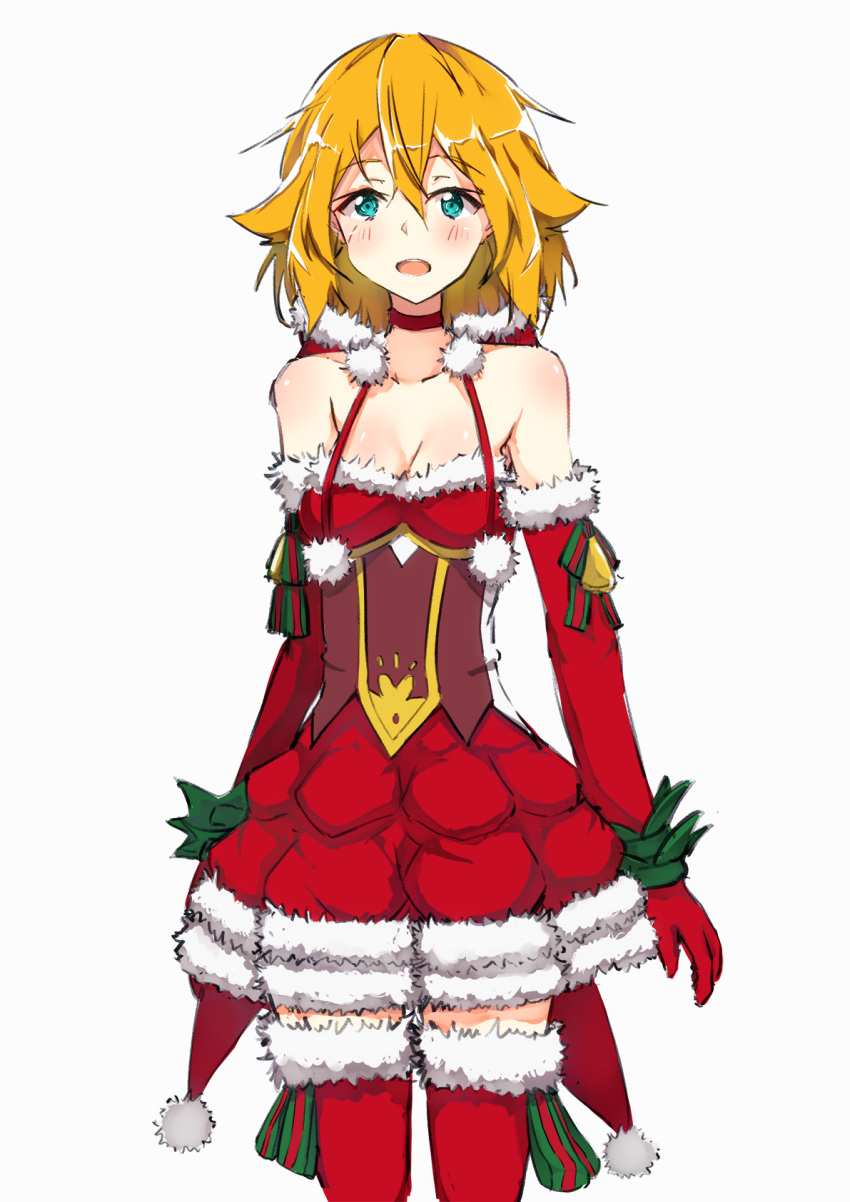 1girl blue_eyes christmas_dress christmas_stocking dress elbow_gloves gloves highres looking_at_viewer orange_hair p.k.f philia_(sao) simple_background smile solo sword_art_online thigh-highs white_background