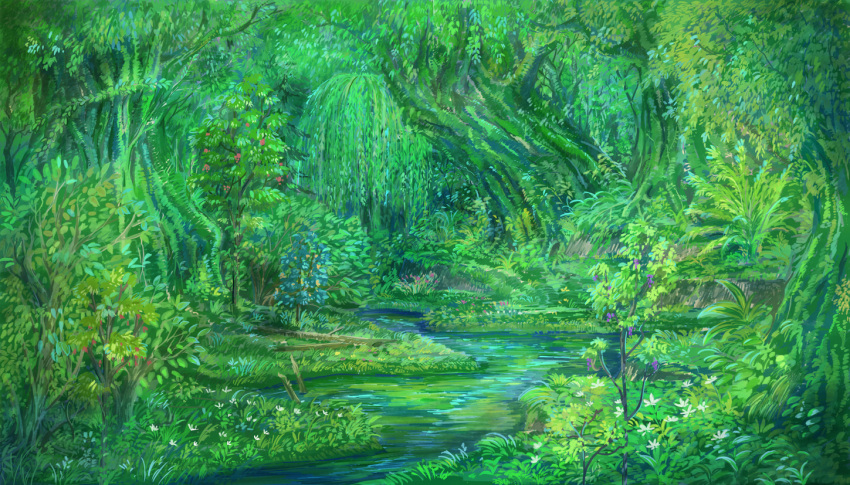 commentary flower forest grass green nature no_humans original outdoors plant scenery sonidoriy stream vines water