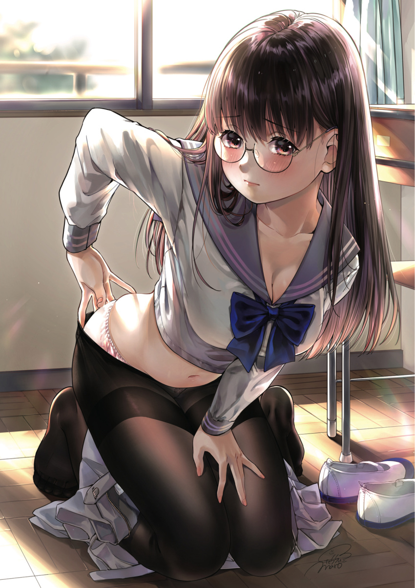 1girl bangs black_hair black_legwear blue_neckwear blush bow bowtie breasts brown_eyes classroom cleavage closed_mouth collarbone curtains day eyebrows_visible_through_hair feet geshumaro glasses highres indoors kneeling long_hair long_sleeves looking_at_viewer navel original panties pantyhose pink_panties round_eyewear sailor_collar scan school_uniform semi-rimless_eyewear shoes_removed signature skirt skirt_removed solo table underwear white_footwear white_skirt window