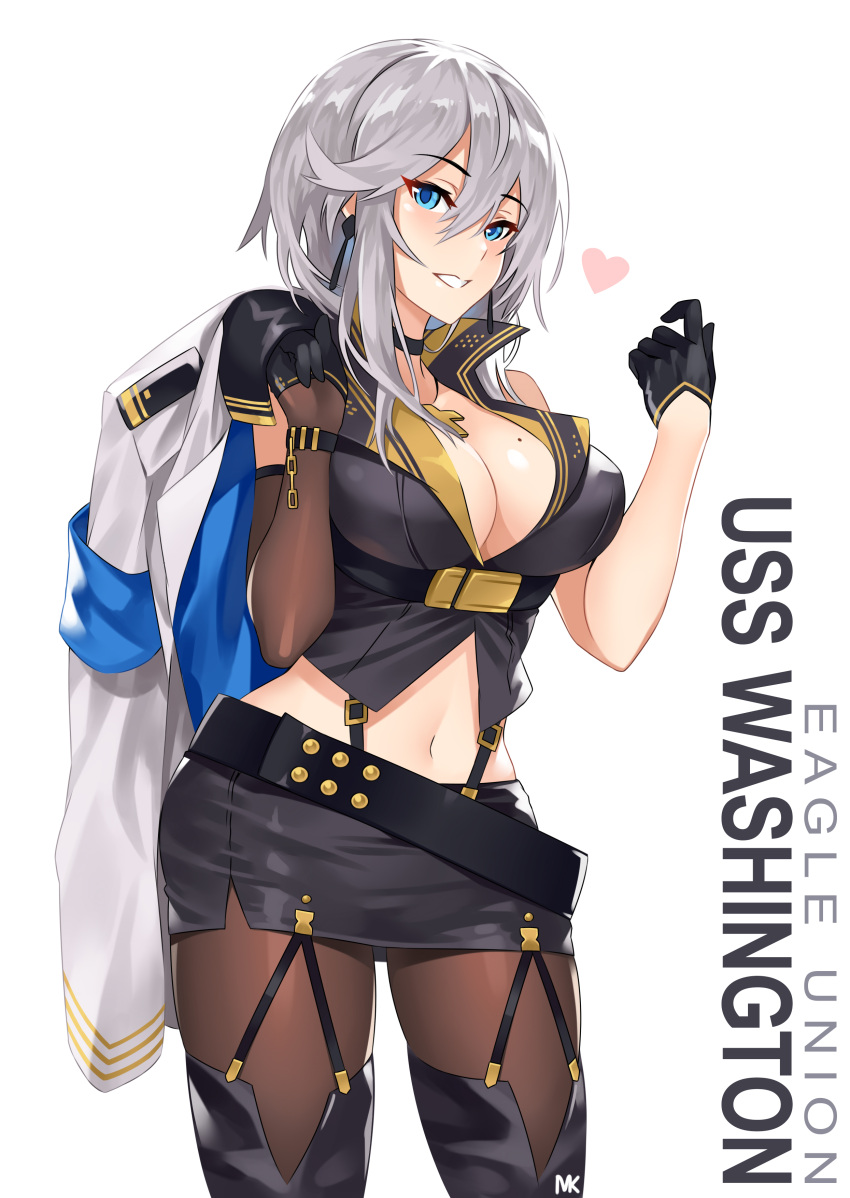 1girl absurdres azur_lane belt black_gloves blue_eyes boots breasts character_name cleavage gloves heart highres jacket_over_shoulder large_breasts miniskirt mk_(lazymk) mole mole_on_breast navel pantyhose short_hair silver_hair skirt solo thigh-highs thigh_boots washington_(azur_lane) white_background