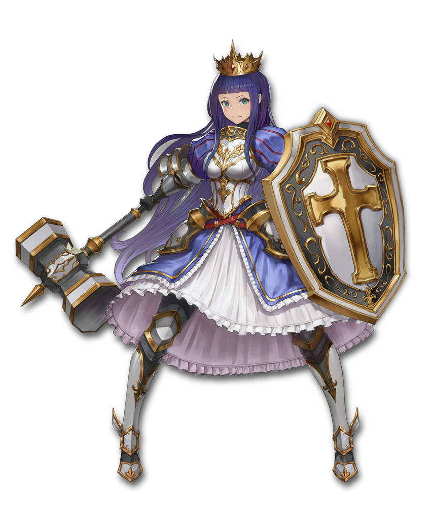 1girl ankle_wings armor armored_dress bangs blue_dress blunt_bangs blush breasts commentary crown dress english_commentary fantasy faulds fighting_stance frilled_dress frills full_body gauntlets greaves green_eyes highres holding holding_weapon huge_weapon lexaiduer light_smile long_dress long_hair long_legs looking_at_viewer mallet medium_breasts original paladin parody puff_and_slash_sleeves puffy_sleeves purple_hair shield solo style_parody very_long_hair weapon white_background white_dress