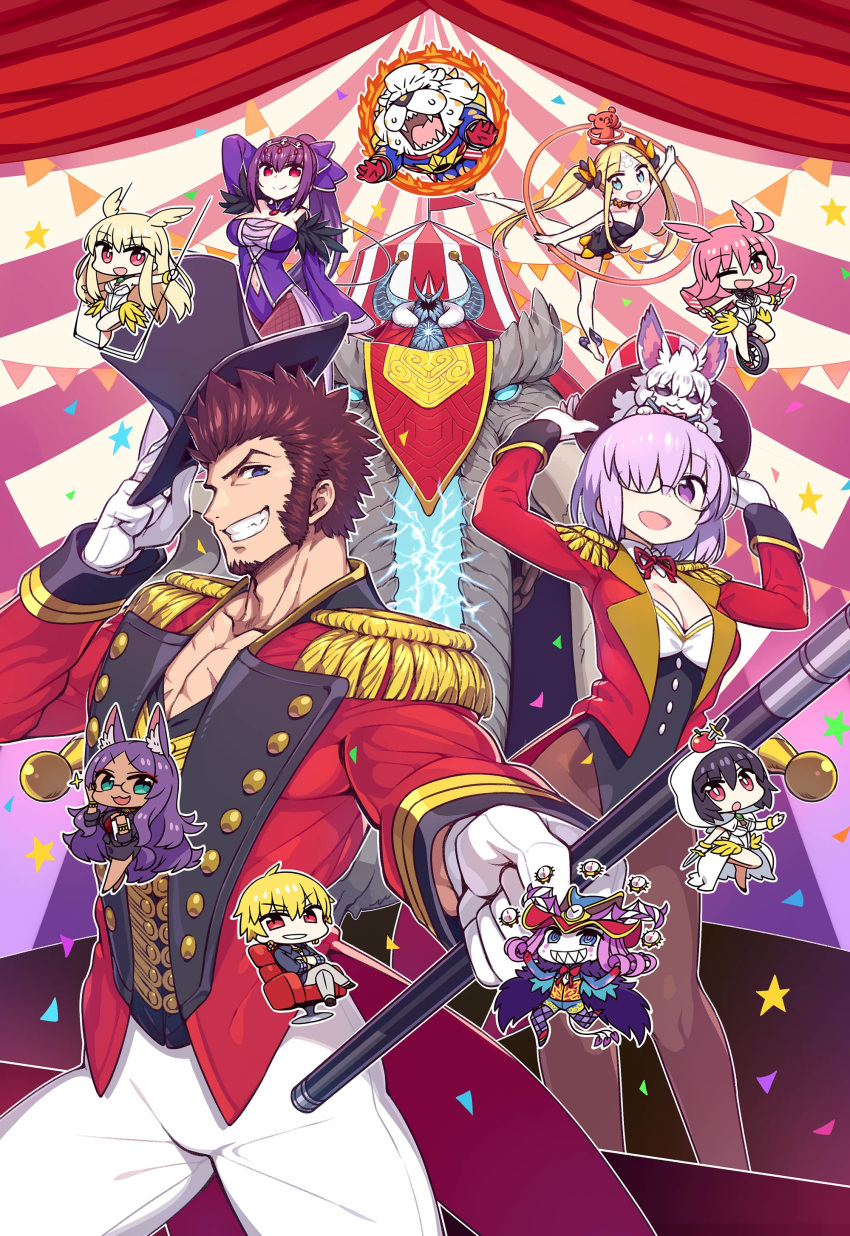 5boys 6+girls abigail_williams_(fate/grand_order) absurdres alternate_hairstyle animal_ears apple black_hair black_hat black_leotard blonde_hair blue_eyes breasts bright_pupils brown_hair cane chan_co chibi chibi_inset cleavage coattails confetti crossed_arms curtains dagger dark_skin detached_sleeves earrings epaulettes establishment_(fate/grand_order) fate/grand_order fate_(series) food fou_(fate/grand_order) fruit furry gilgamesh gilgamesh_(caster)_(fate) glasses gloves grin hair_over_one_eye hat head_wings highres hildr_(fate/grand_order) hoop hula_hoop ivan_the_terrible_(fate/grand_order) jacket jewelry juggling lavender_hair leotard long_hair mash_kyrielight mephistopheles_(fate/grand_order) multiple_boys multiple_girls napoleon_bonaparte_(fate/grand_order) official_art ortlinde_(fate/grand_order) outline pants pantyhose pectorals pink_hair poster purple_hair queen_of_sheba_(fate/grand_order) red_jacket scathach_(fate)_(all) scathach_skadi_(fate/grand_order) sharp_teeth sideburns skin_tight smile teeth textless thomas_edison_(fate/grand_order) thrud_(fate/grand_order) top_hat trapeze twintails valkyrie_(fate/grand_order) violet_eyes weapon white_gloves white_outline white_pants